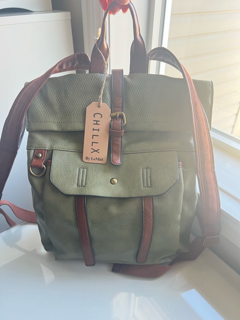 Olive Green Backpack with Brown Accents